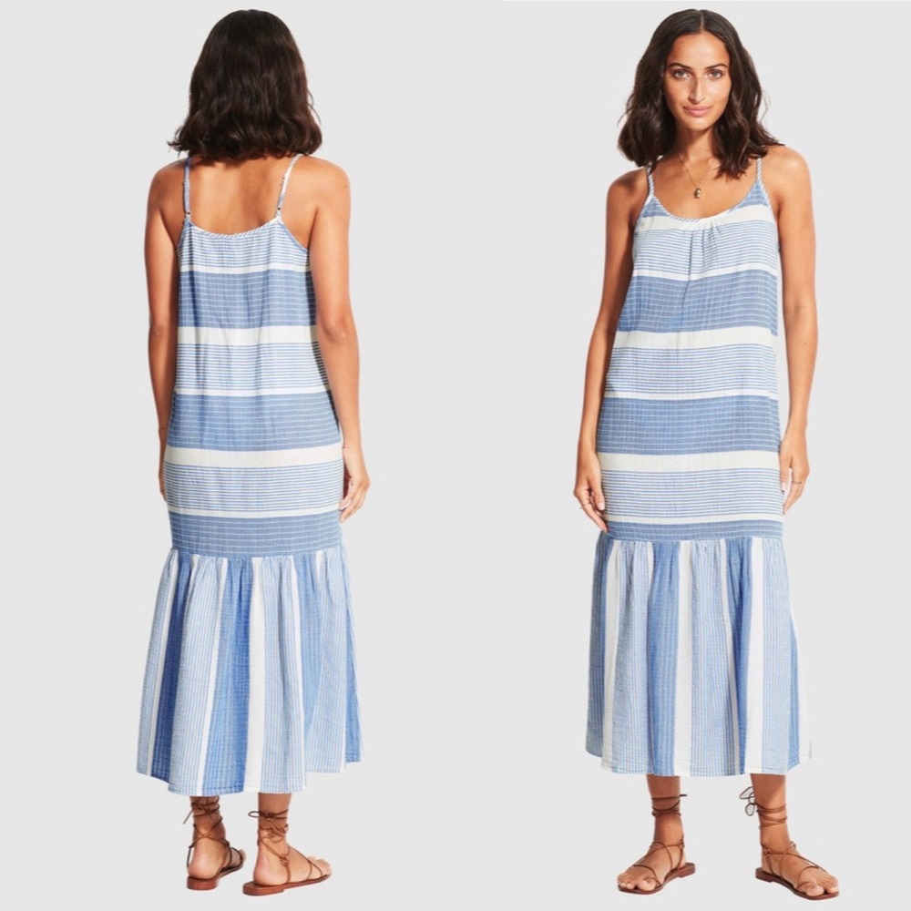 Seafolly Women's Jacquard Blue White Striped Midi Dress Size Medium